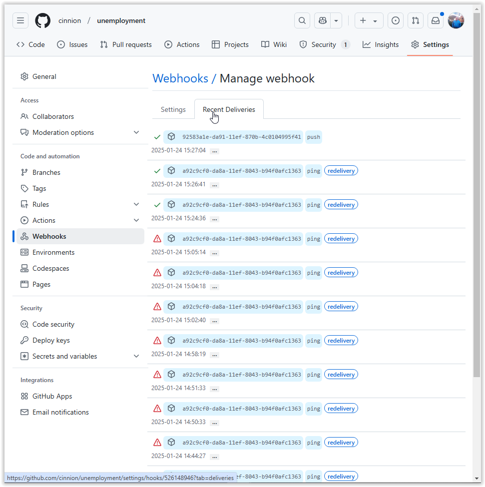 Webhook recent deliveries
