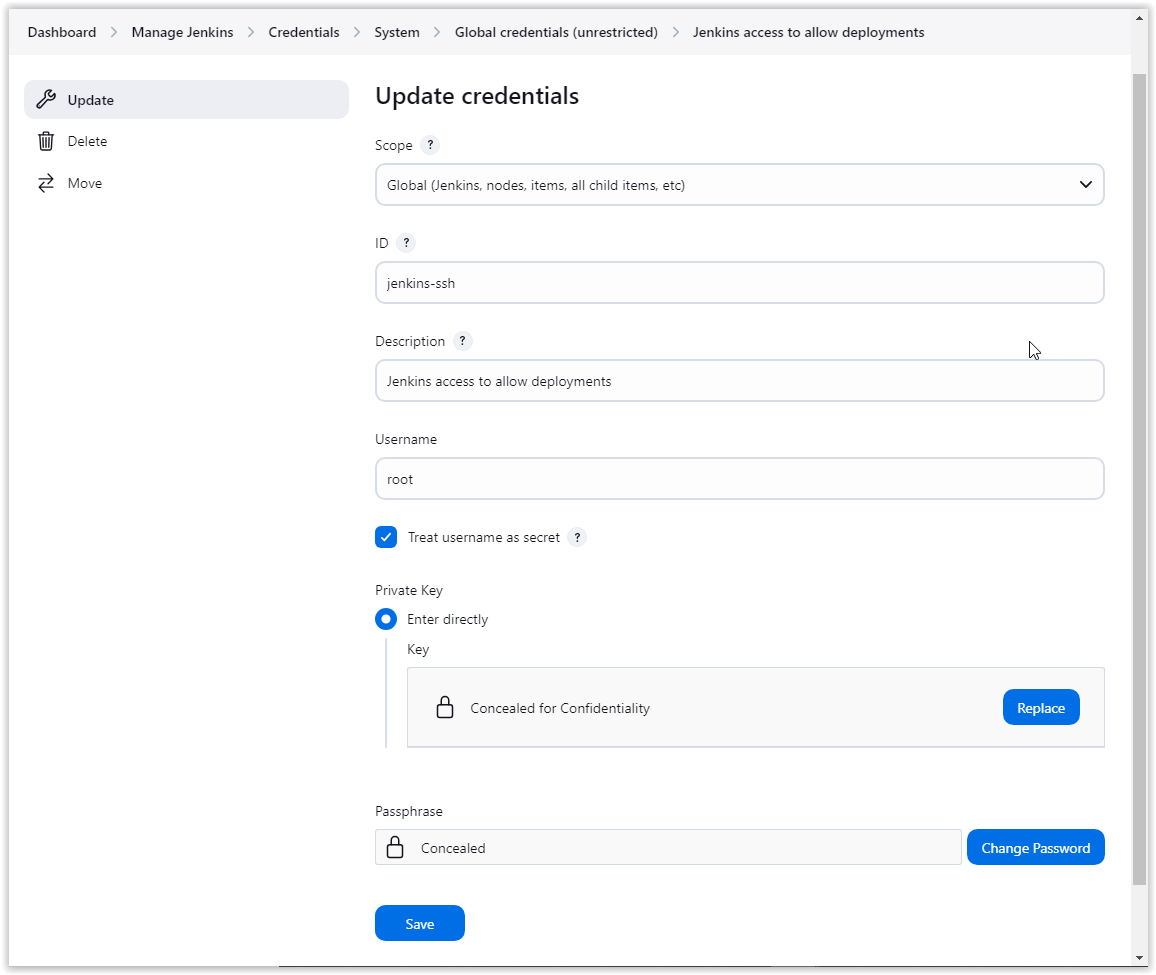 Update SSH credentials screen